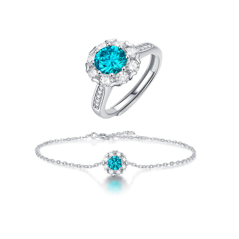 Glacier Blue Ring Bracelet Moissanite Set