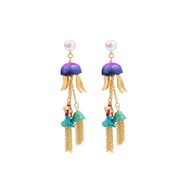 Mermaid Jellyfish Enamel Tassel Earrings