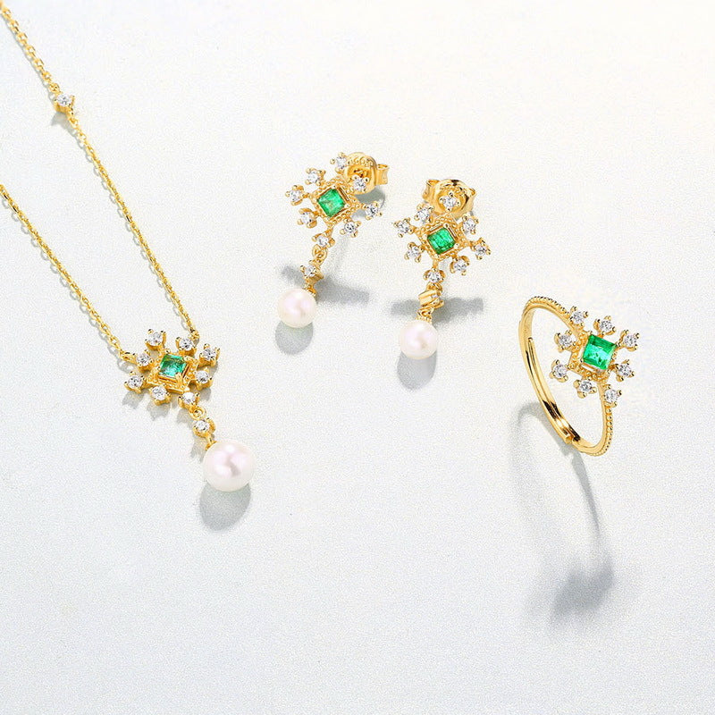 Snowflake Pearl Emerald Earrings