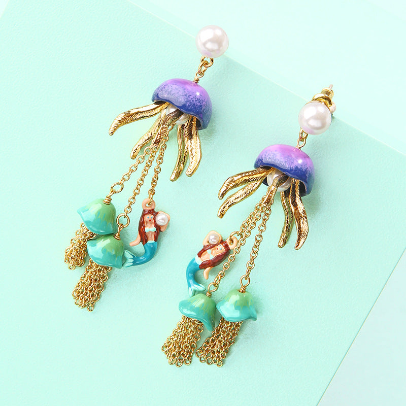 Mermaid Jellyfish Enamel Tassel Earrings
