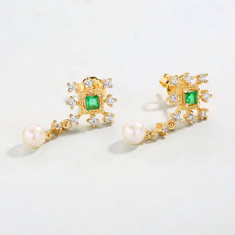 Snowflake Pearl Emerald Earrings