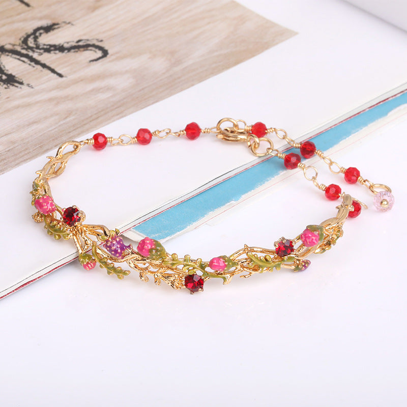 Raspberry Flower Vine Enamel Bracelet