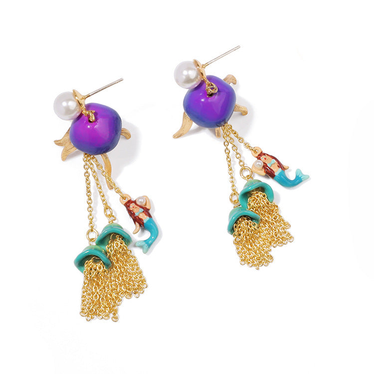 Mermaid Jellyfish Enamel Tassel Earrings